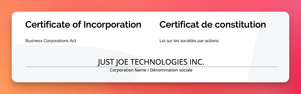 Certificate of Incorporation - JUST JOE TECHNOLOGIES INC.